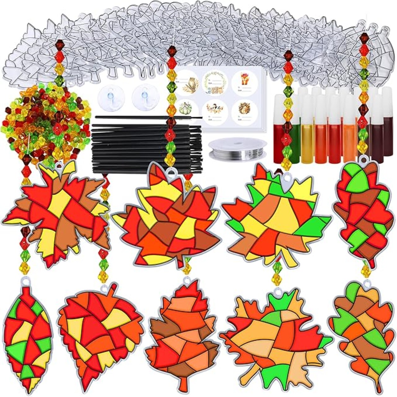 27 sets of fall leaf suncatchers, ornaments, and decorations DIY Window Paint Art Suncatcher Craft Kits Autumn Maple Leaf Suncatchers for Kids' Classrooms Thanksgiving Harvest Party Activity: Art Project